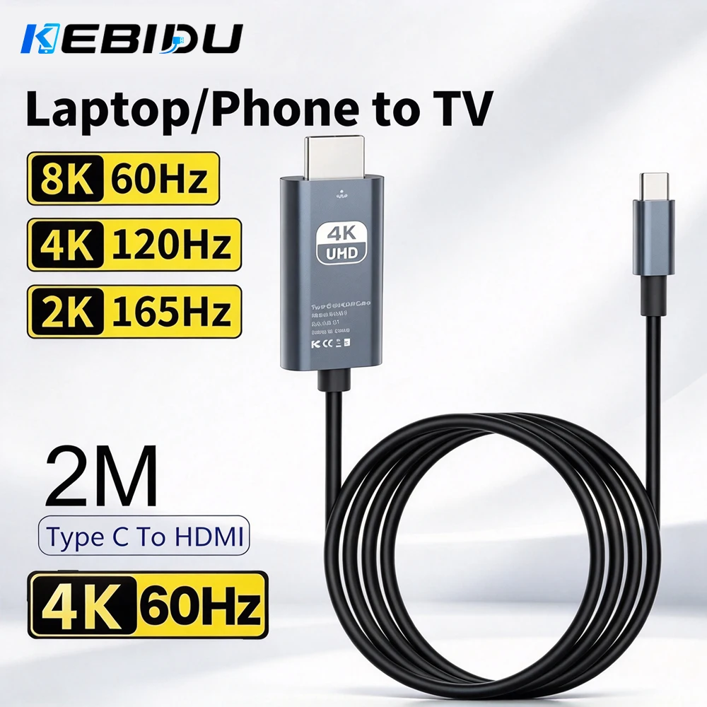 KEBIDU 4K 60Hz 30Hz 8K USB C to HDMI-compatible Cable Type C Adapter HDTV Converter Cable Same Screen Converter Cable 2 Meters