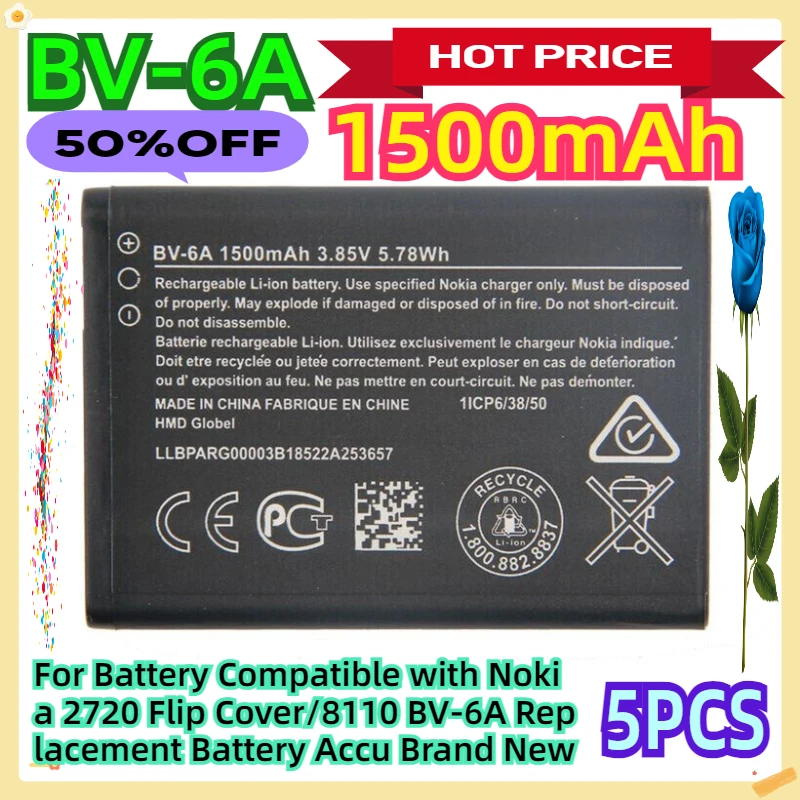 

For Battery Compatible with Nokia 2720 Flip Cover/8110 BV-6A Replacement Battery Accu 1500mAh Brand New 5pcs