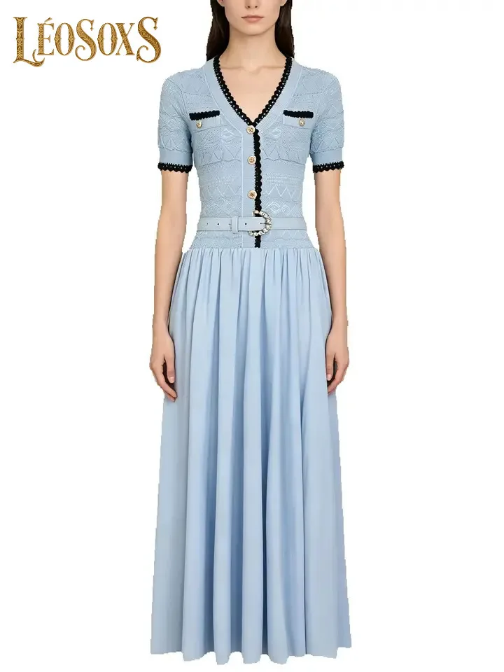 LEOSOXS High Quality Summer Ladies Elegant Commuter Dress Short Sleeve Flattering Fit With Matching Belt Trendy Daily Women Wear
