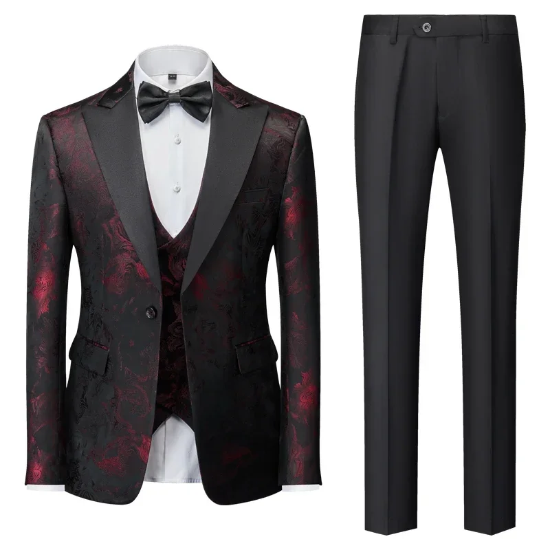 (Jacket Pants Vest) New Men\'s Casual Business Tuxedo Wedding Flower Dresses Blazers/Men Slim Fit Printed Suit 3 Pcs Set 4XL 5XL