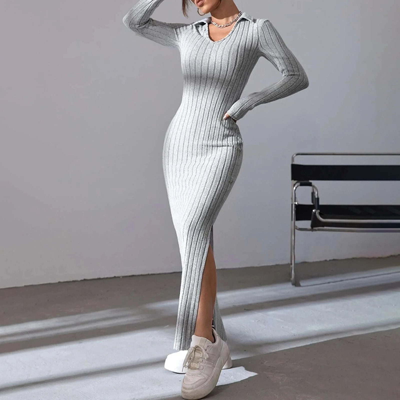 Women\'s Fall Winter Knitted Dress Long Sleeve Lapel Collar Solid Color Bodycon Long Dress Going Out Dress
