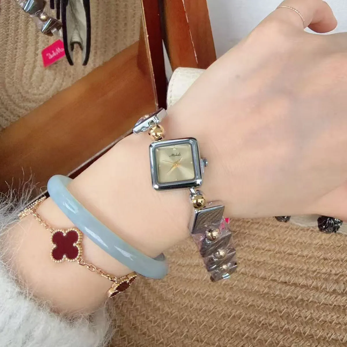 Ultra Thin Square Chain Quartz Watch for Women with Diamond Studded Steel Strap and Jewelry Clasp