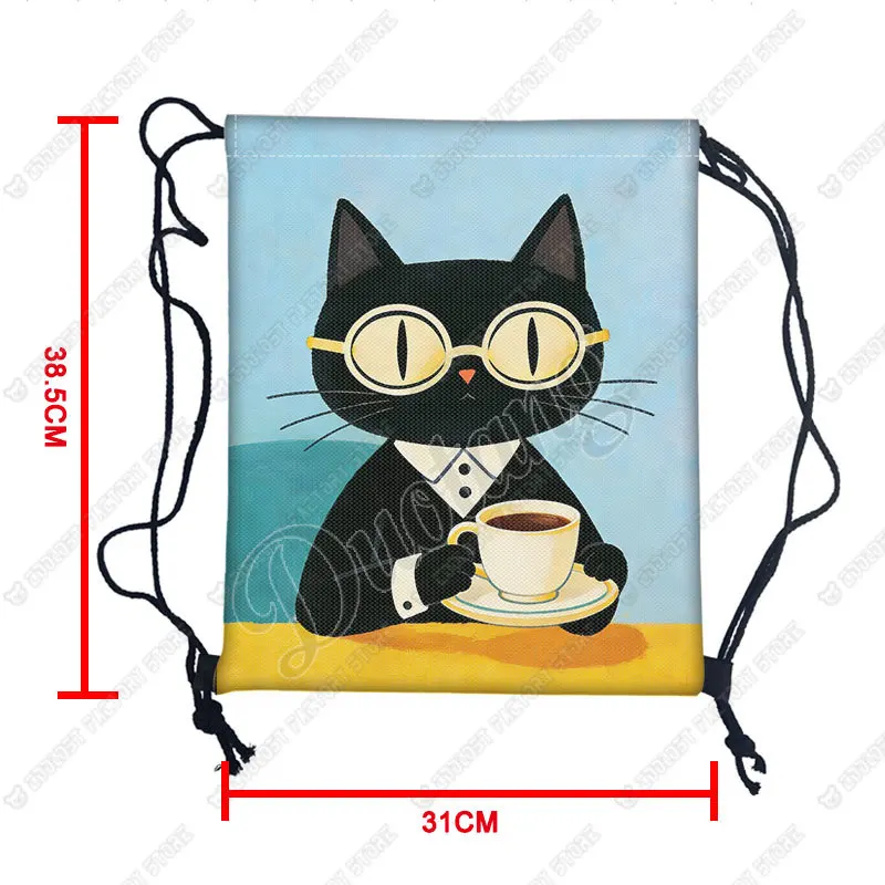 Cat Having Coffee/ Reading  Newspapers Backpack Cat Playing with Phone Drawstring Bag Large Capacity Storage Bag Shoes Holder