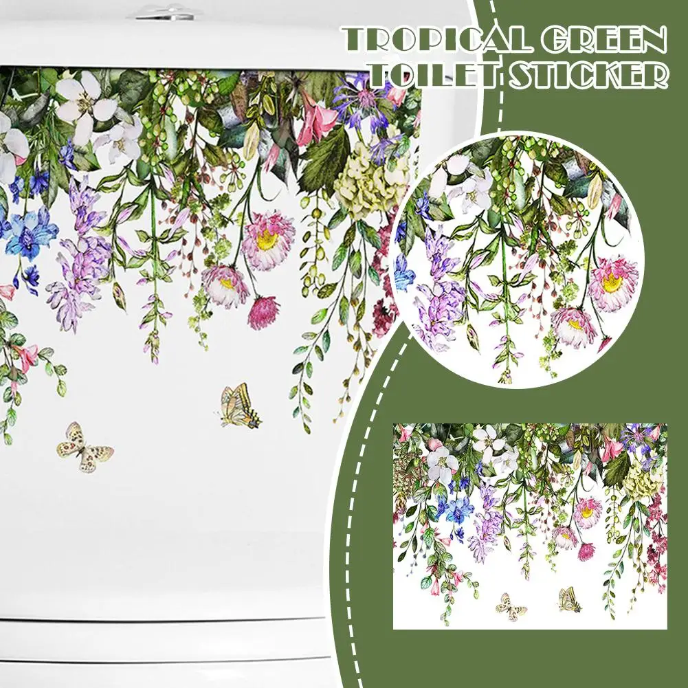 변기 스티커 녹색 식물 꽃 잎 나비 벽 스티커, 욕실 꽃 자체 접착 PVC 벽화 홈 데칼