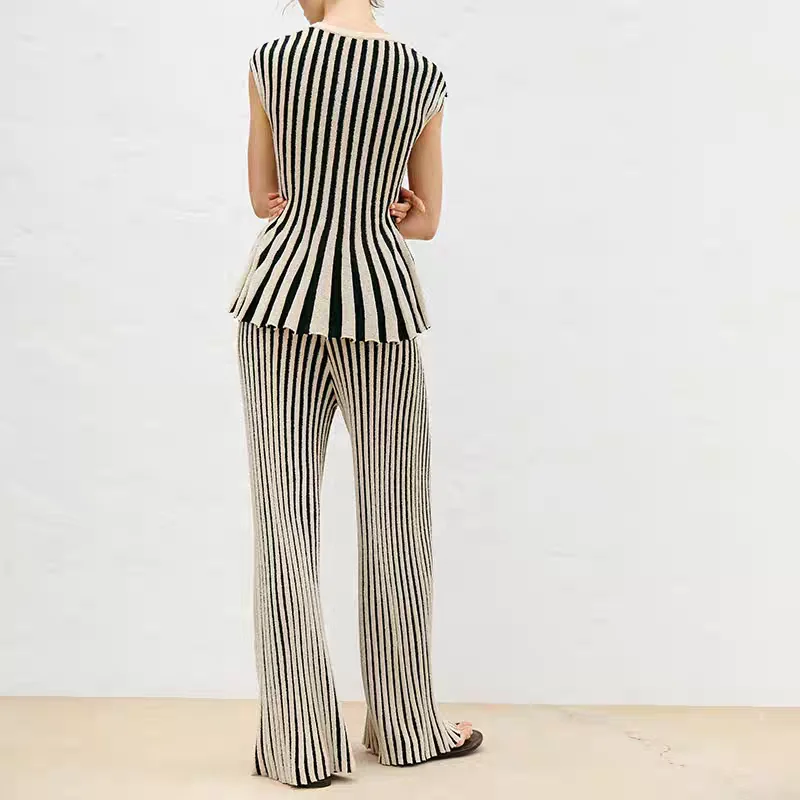 Elegant Knitted Striped Top Pants Suit Women O Neck Sleeveless Single Breasted Tops Lady Slim Fit Outfits 2025 High Street Wear