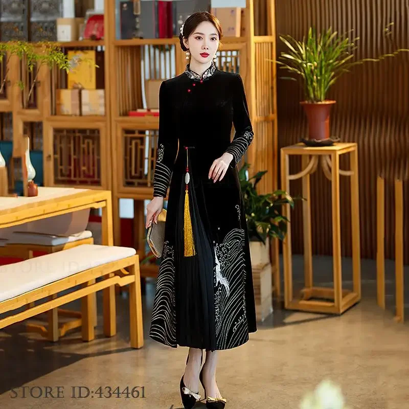 

Элегантное ретро улучшенное велюровое платье Cheongsam, традиционная китайская одежда, женское платье Aodai Qipao с вышивкой, новое длинное платье в китайском стиле