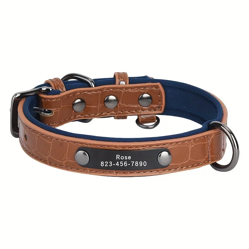 Customized ID Tag Dog Collar Bone Printed Soft Padded Personalized Nameplate ID Leather Dog Collars for Small Medium Large Dog