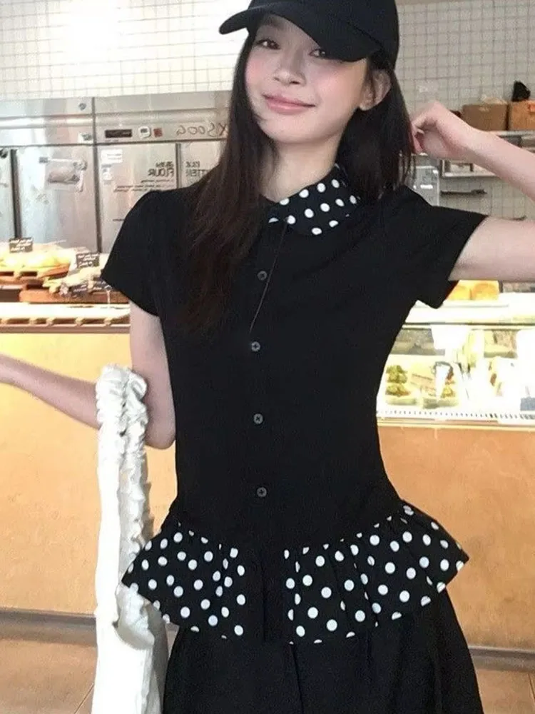 2026 Women Summer Black Polka Dot Splice Peter Pan Collar Short Sleeve T-shirt Slim Fit Chic Ins Fashion Versatile Top