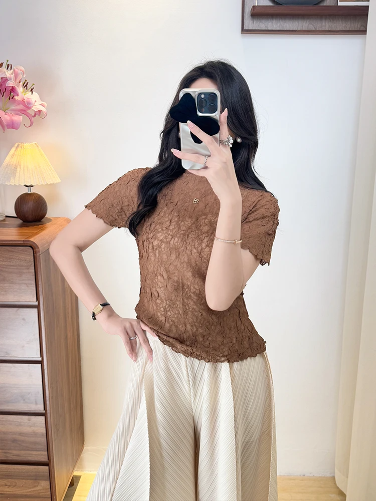 

Slim Fit Short Sleeve T-Shirt Texture Sensation Shoulder Width Regular round Neck Casual Comfortable Polyester Fiber Summer Top
