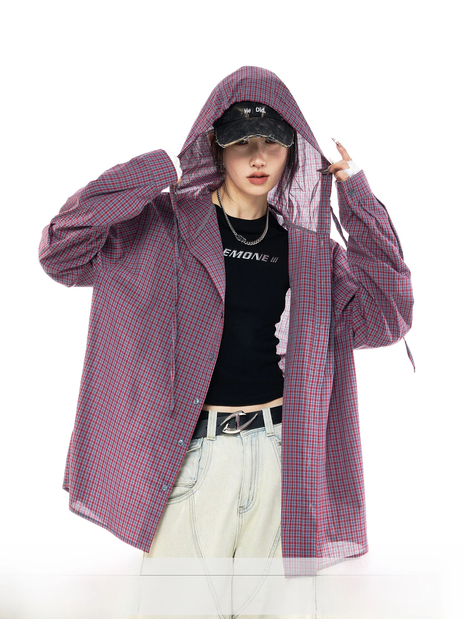 

Ich Mode Women's Plaid Shirt with Hood Long Sleeve Loose Fit Casual Style Cotton Material Winter Collection Fashion Brand