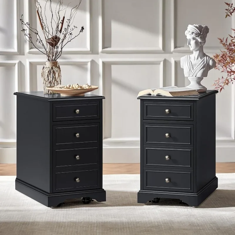 

Narrow End Tables with Tray for Cups, Set of 2 Movable with Casters, Wood Traditional Bedside Table, Nightstands wit