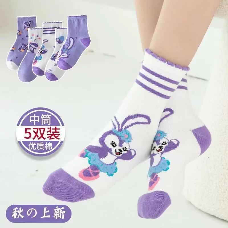 5 pairs of super cute spring and Autumn Autumn and winter Star Delo cartoon tube socks Pure cotton socks cute lace lace princess