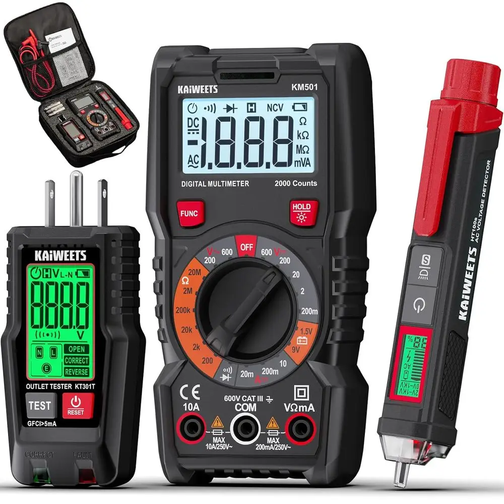 

Complete Digital Multimeter Kit with Non-Contact Voltage Tester, Outlet Tester, LCD Display, Carrying Case & Batteries