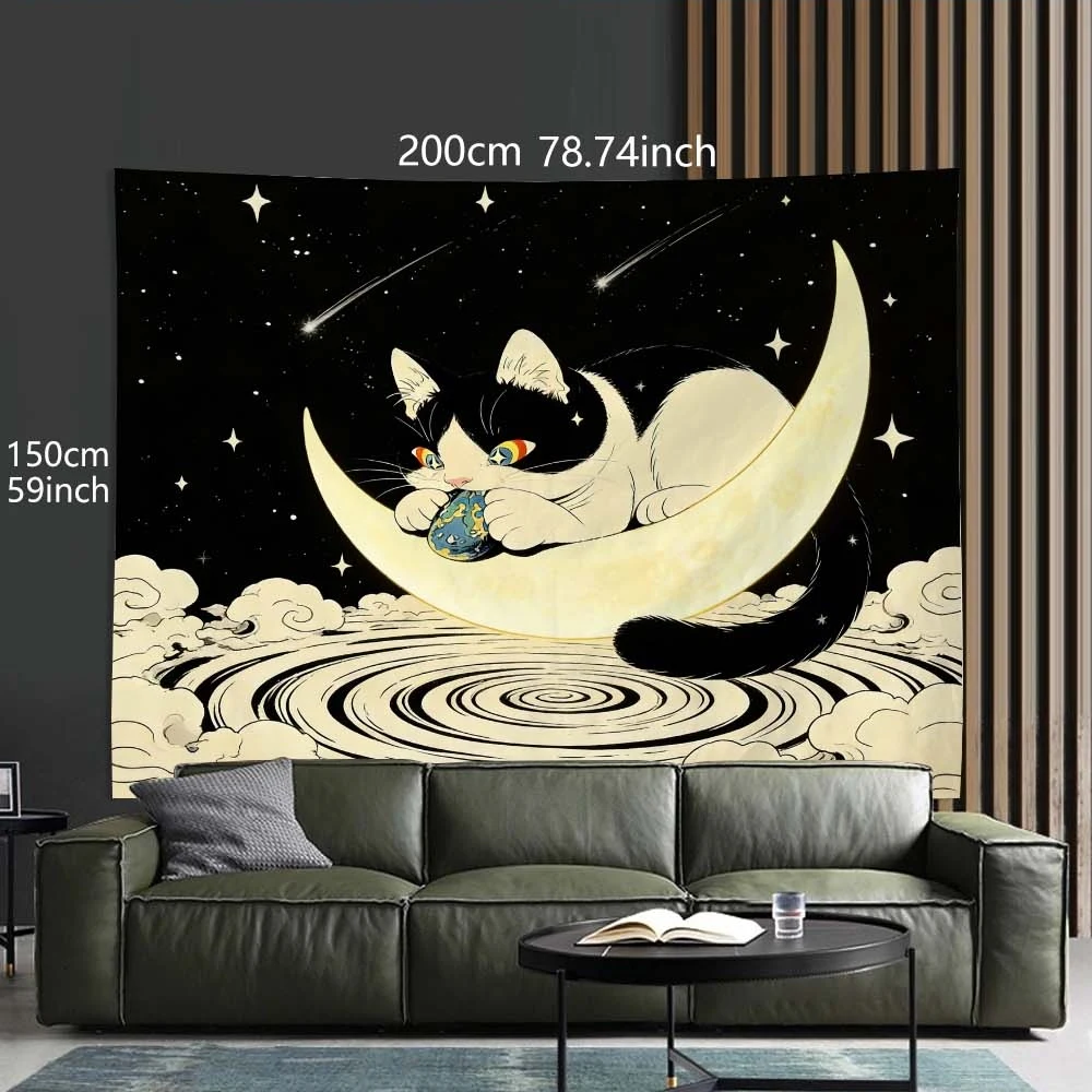 Cosmic Cat on Crescent Moon Tapestry Galaxy Celestial Stars Aesthetic Wall Hanging Polyester Print Boho Home Decor