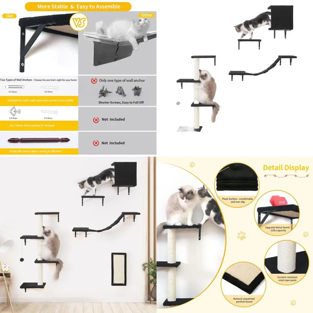 

Набор из 5 деревянных настенных элементов мебели для кошек: домик, мостик, дерево, лестница и когтеточка, черный цвет