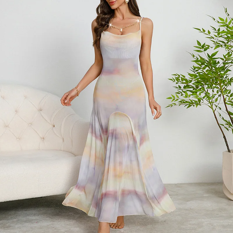 Women's Pastel Tie-Dye Maxi Dress Spaghetti Strap Chain Neckline Flowy Gown Stylish Casual Outfit Dates Beach & Summer Occasions