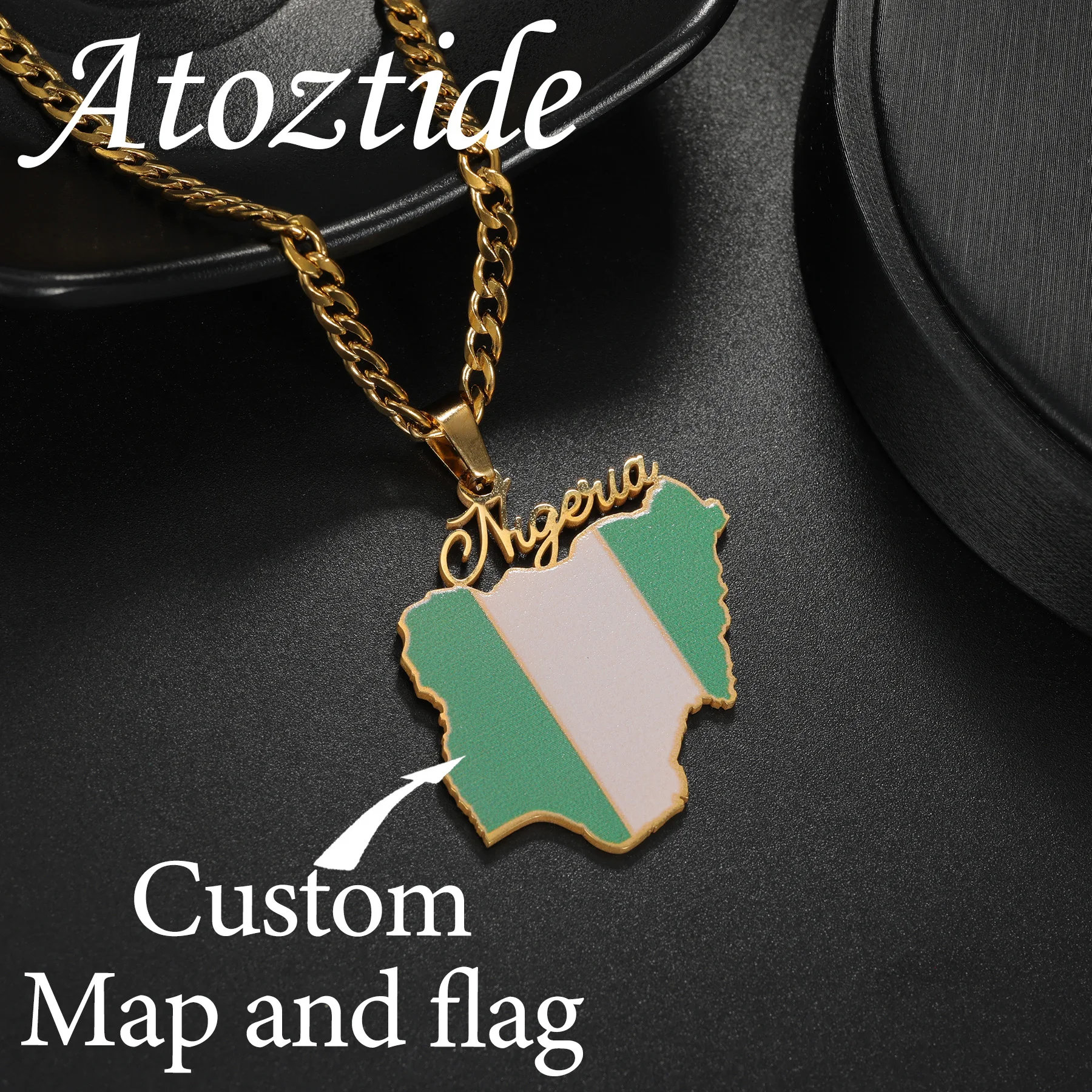 

Atoztide Custom Name Necklace for Women UV Printing National Flag Map Pendant Chain Stainless Steel Jewelry Personalized Gift