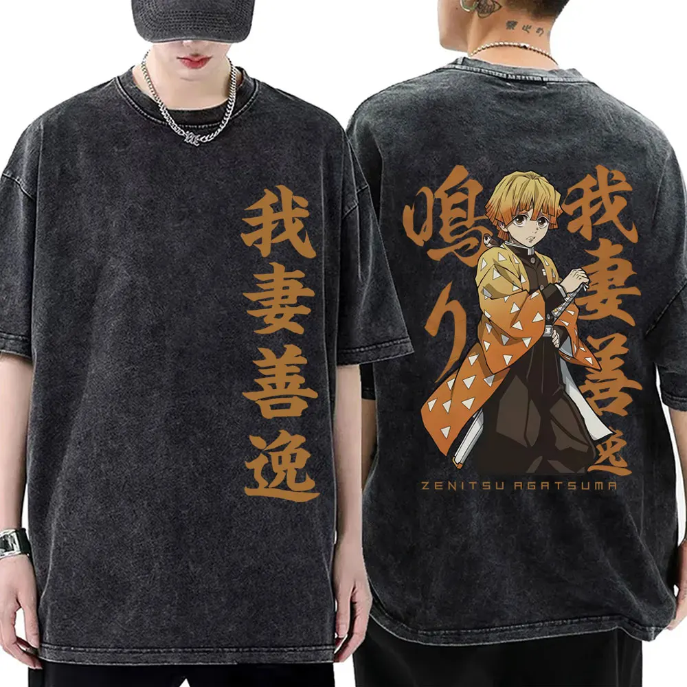 

Washed Vintage Anime Demon Slayer Agatsuma Zenitsu Double Sided Print T Shirts Men Women Fashion Cartoon Harajuku T-shirts Tops