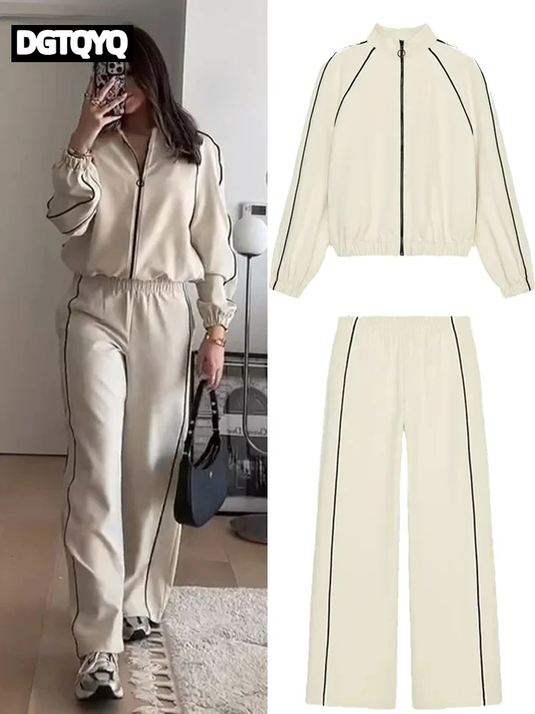 

Повседневное полосатое пальто на молнии, комплект брюк, женский свободный воротник-стойка, топ с длинными рукавами, широкие брюки с эластичной резинкой на талии, новый спортивный костюм 2023 г.