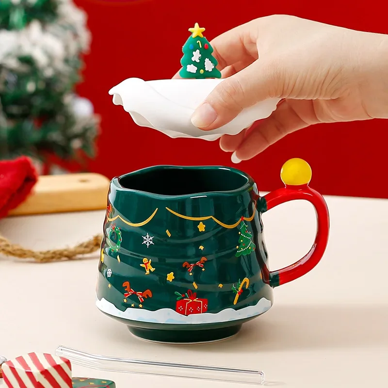 

Xmas Party Favors Gift Christmas Mug with Lid & Straw Set Creative Christmas Ceramic Water Cup Large Capacity