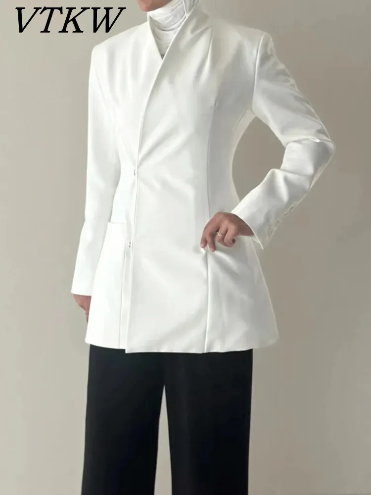 

VTKWPure White Button Free Versatile Design, 2025 Spring New Women's Blazer Waist Cinching High-quality Suit Jacket