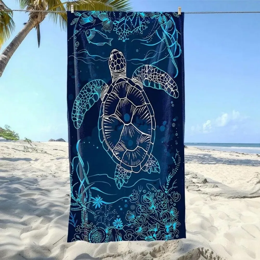 Neon Line Sea Turtle Microfiber Beach Towel, Dark Blue Ocean Life Bath Towel, Aesthetic Mystic Animal Travel Blanket for Women