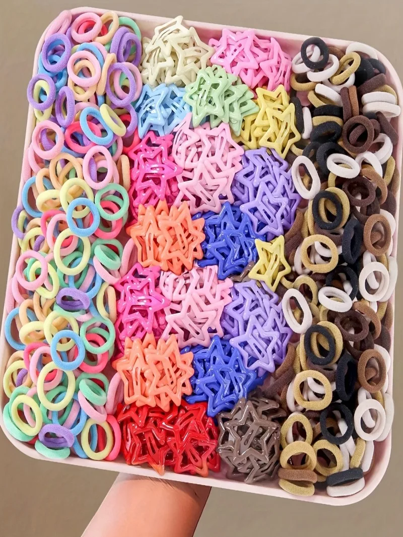 

Set Of 220 Colorful, Cute Hair Ties And Star Clips—Stylish And Minimalist, Made Of Polyester Fiber | Perfect For Everyday Use, B