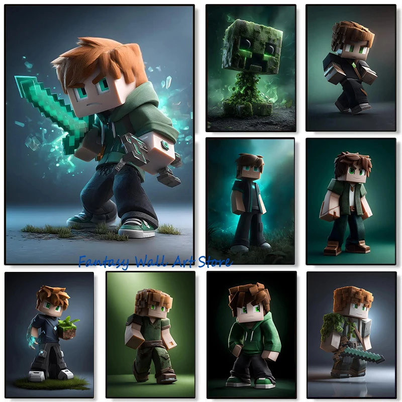 M-ine-craft Classic Kids Game Characters Minimal Video Game Poster Canvas Painting Wall Picture Home Gaming Room Decor Kids Gift