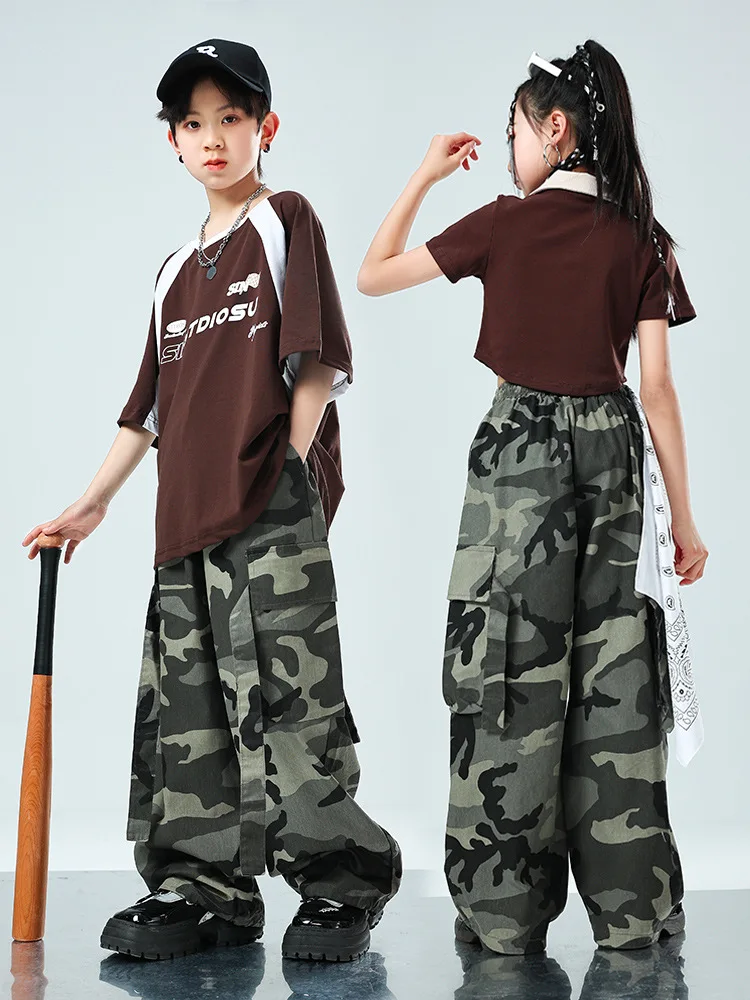 เด็ก Hip Hop เสื้อผ้า Coffee Crop Top T เสื้อลําลอง Cargo Baggy กางเกงสําหรับ Girl Boy Jazz Dance เสื้อผ้าเครื่องแต่งกาย