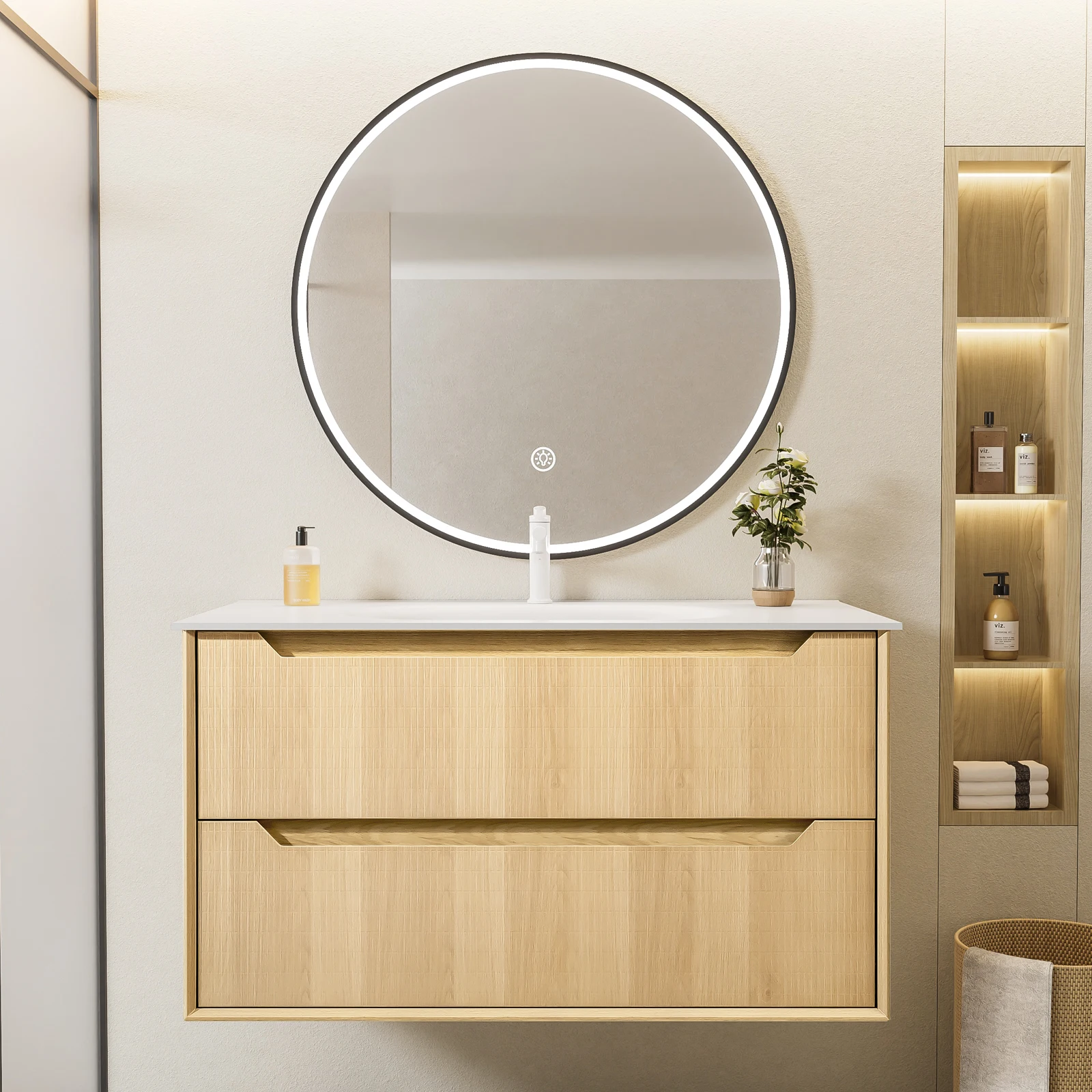 

40-дюймовый плавающий туалетный столик для ванной комнаты с раковиной, текстурой сетки спереди, многослойная массив дерева, настенный монтаж, верхняя часть из белого камня