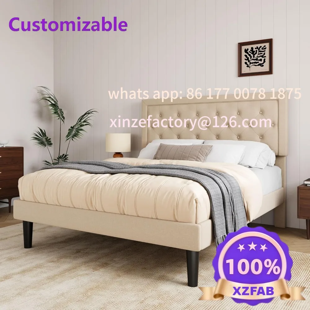 Customizable Size Button Tufted/Fabric Upholstered Bed Frame with Adjustable Headboard/Wood Slat Support/Mattress