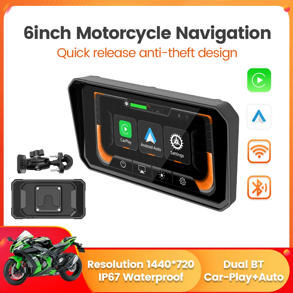 

Portable 6 inch 1440*720 IP67 Waterproof Motorcycle GPS Navigation Moto Carplay Android Auto Quick release anti-theft design BT