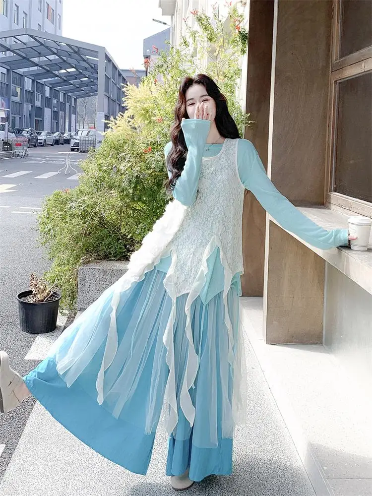 Bohemian Style Lace Splicing Asymmetrical Hollow out Vest Top Spring Summer Forest System Flower Half Summer Clothing