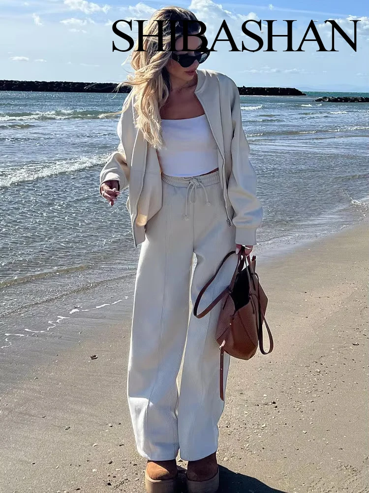 

HH Autumn Women Casual Solid Sportwear Suit Long Sleeve Zipper Bomber Jacket Coat + Loose Elastic Waist Trousers Pant Sets