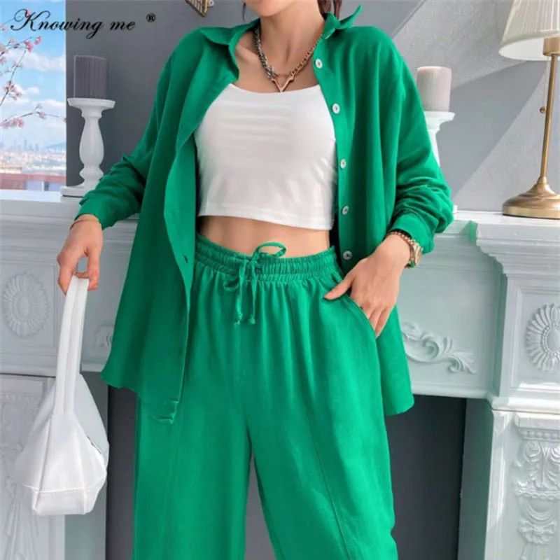 Women Solid color Shirt set Elegant Summer Fashion Long sleeve Buttons blouse + waist Wide Leg long Pants two Piece set outfit