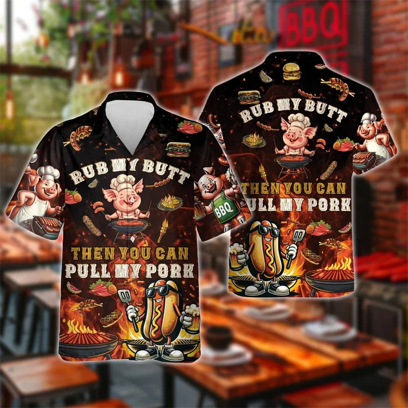 Barbecue Feest Patroon Hawaiian Shirt Mannen Schattig Varken 3d Geprint Korte Mouw Blouses Mode Aloha Shirts Mannelijke Knoop Revers Tops