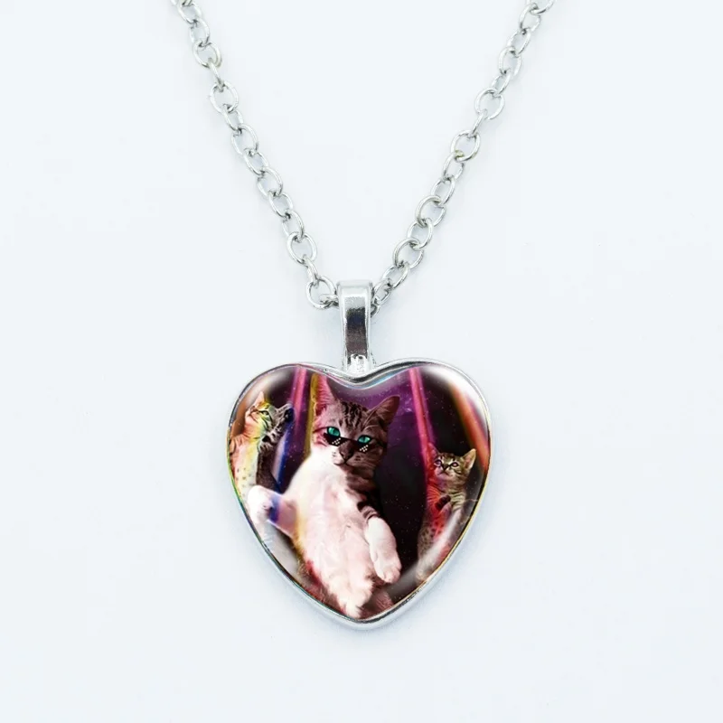 Kreative lustige Katzen-Memes-Herz-Anhänger-Halskette, Tierform, Kunstfoto, Glas-Cabochon-Schmuck, für Kinder und Frauen – Detail 18