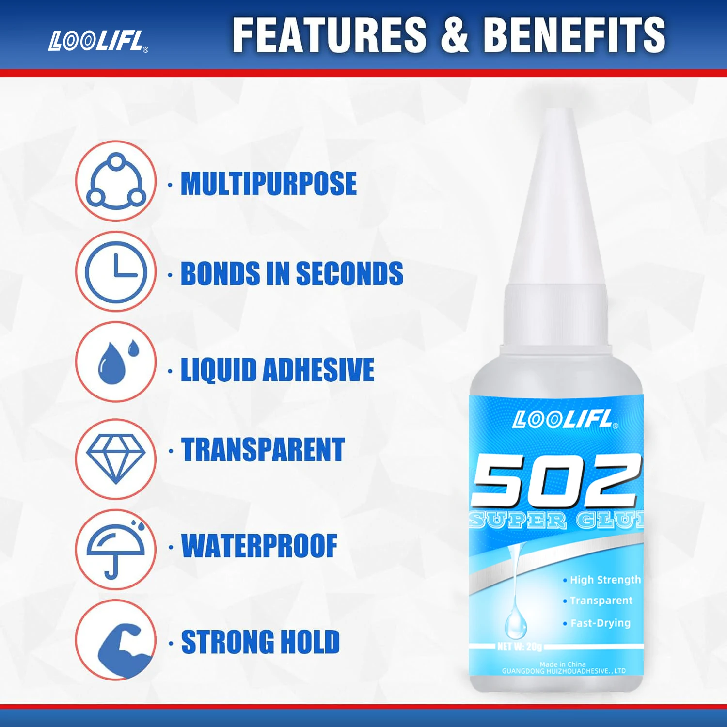 LOOLIFL 502 Super Glue Cyanoacrylate Adhesive Instant Quick-Dry Strong Bond for Metal Wood Plastic Ceramic  Tool for Daily Fixes