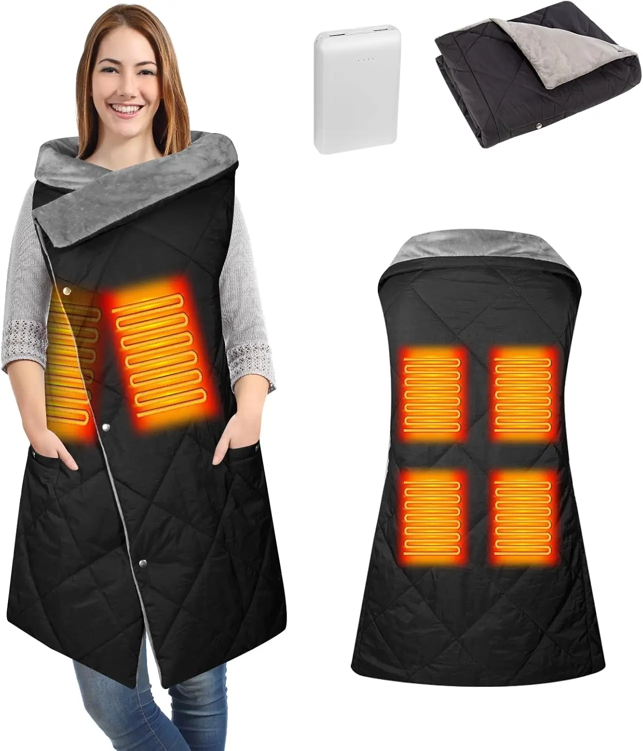 

Fast Heating Cordless Electric Heated Blanket, Water-Resistant Wearable Shawl with Power Bank for Camping Outdoor Winter