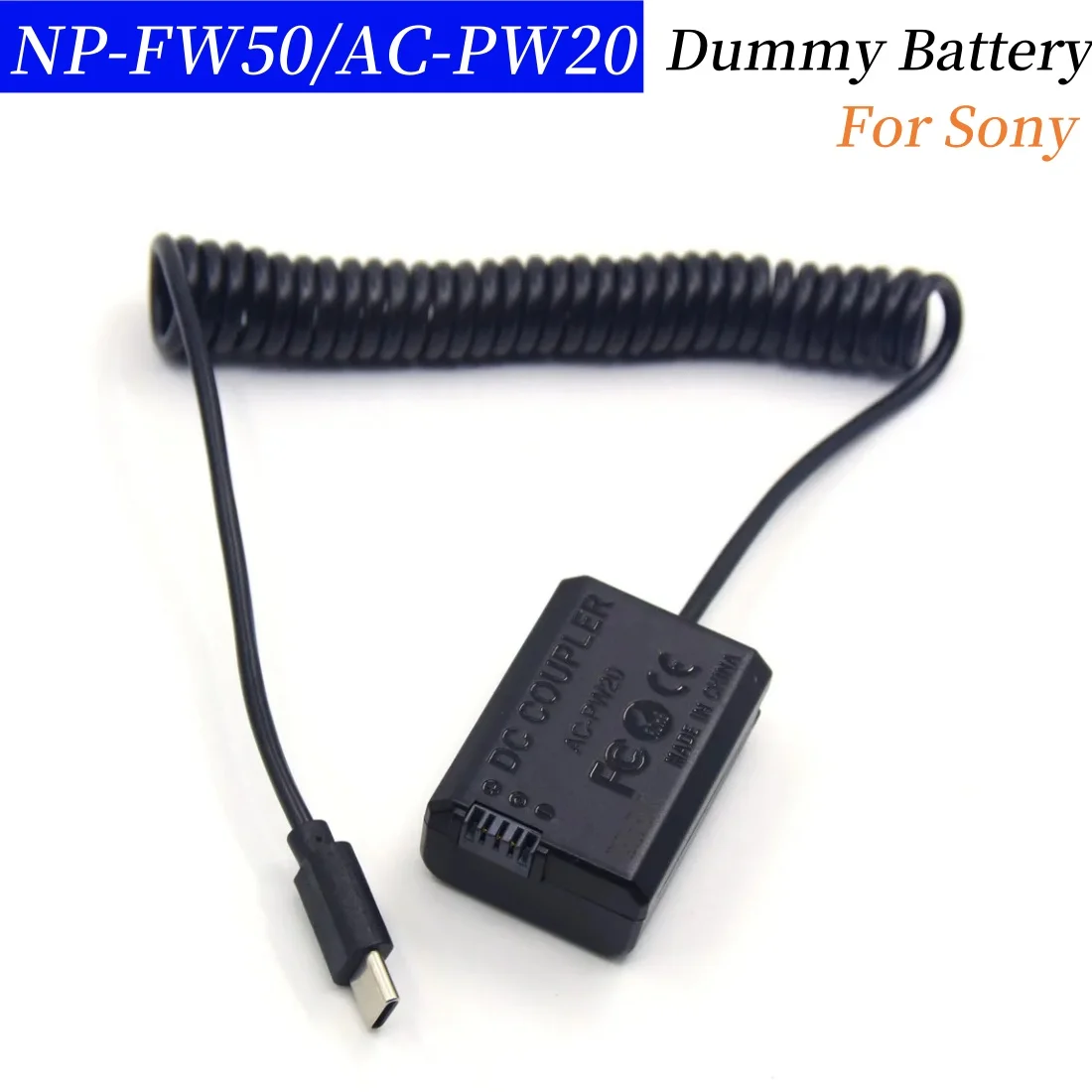 

NP-FW50 Dummy Battery AC-PW20 Adapter Cable to PD USB Type C Power Bank For Sony ZV-E10 A7M2 A7S2 A7RII A6000 A6300 A6400 A6500