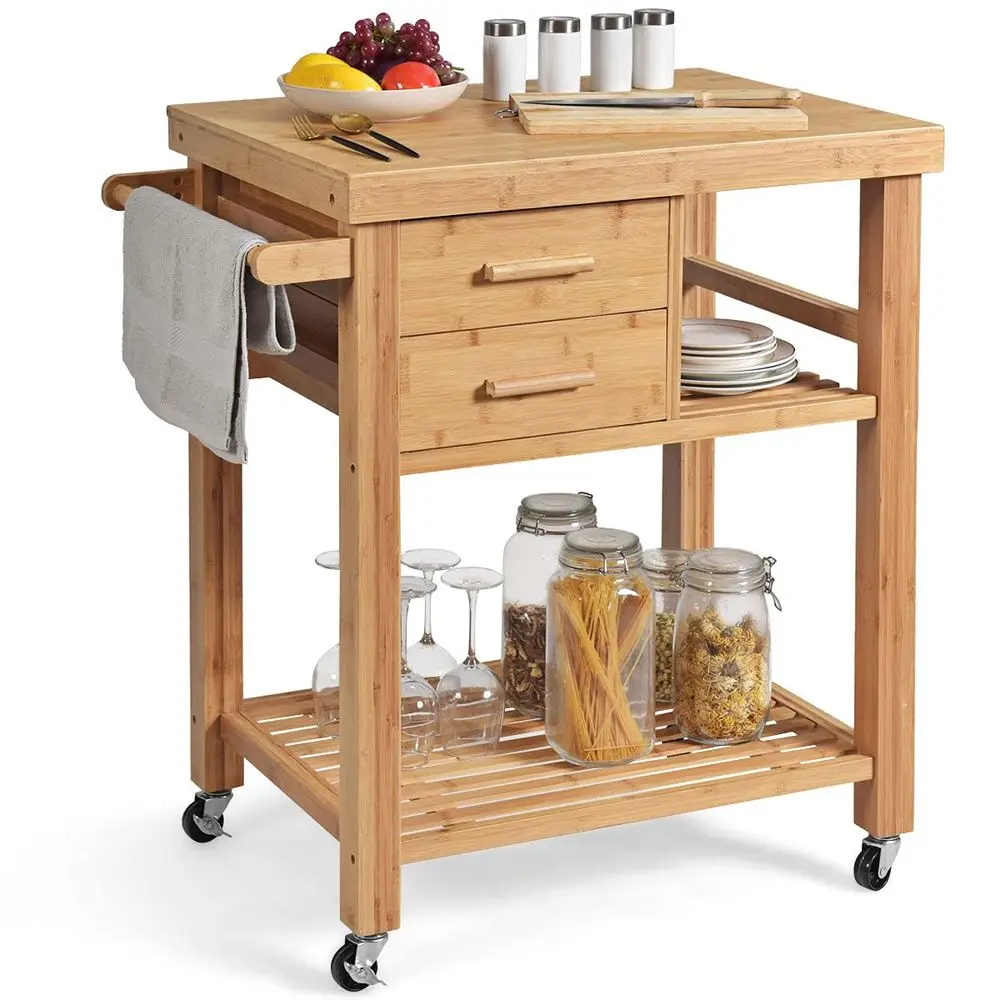 

Bamboo Kitchen Island Cart, Butcher Block Table on Wheels with Drawers, Shelves, Towel Rack