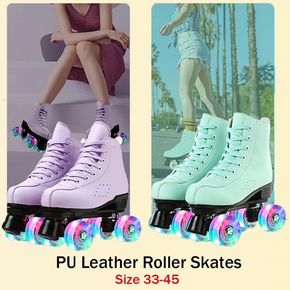 PU Leather Roller Skates Skating Shoes Sliding Inline Quad Skates Sneakers Women White Roller Skating Shoes 4 Wheels Flash Wheel