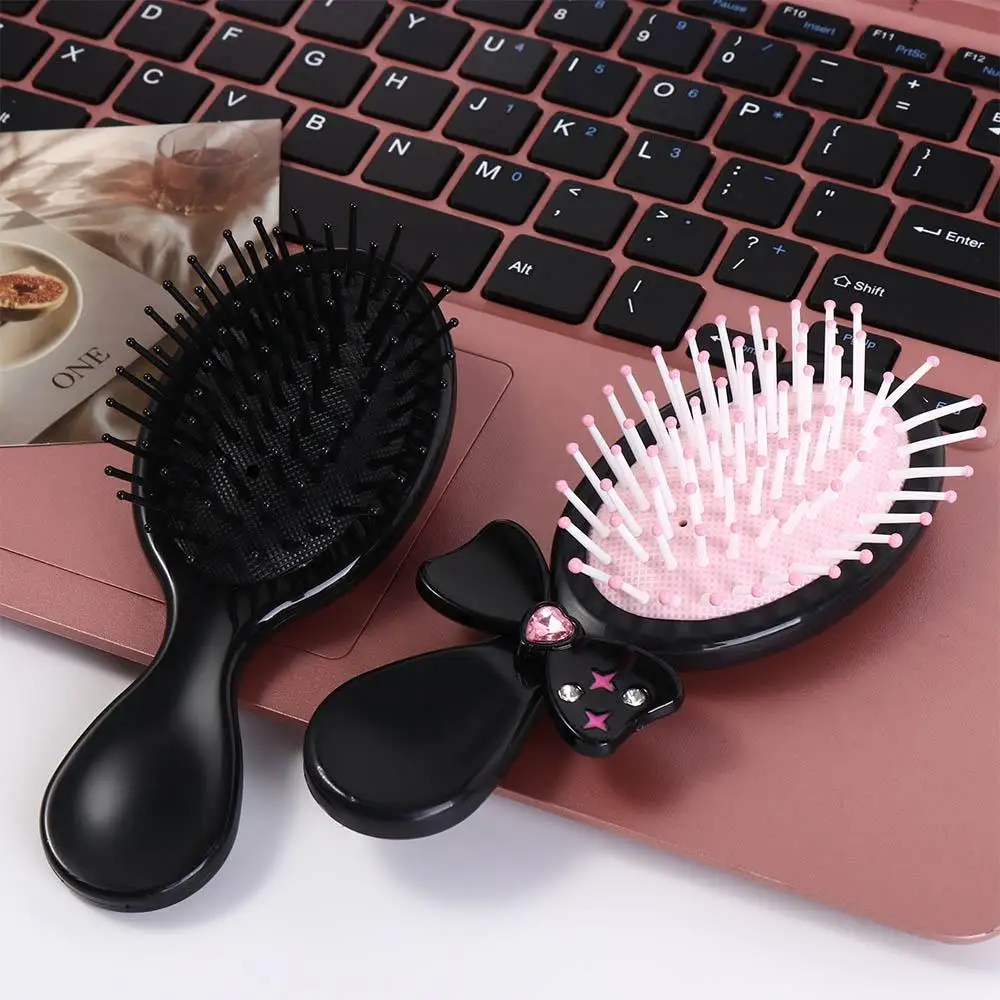 Korean Style 2 in 1 Comb Mirror Set Durable Lamb Bowknot Air Bag Hair Comb Makeup Tool Pocket Mirror Mini Foldable Hair Brush