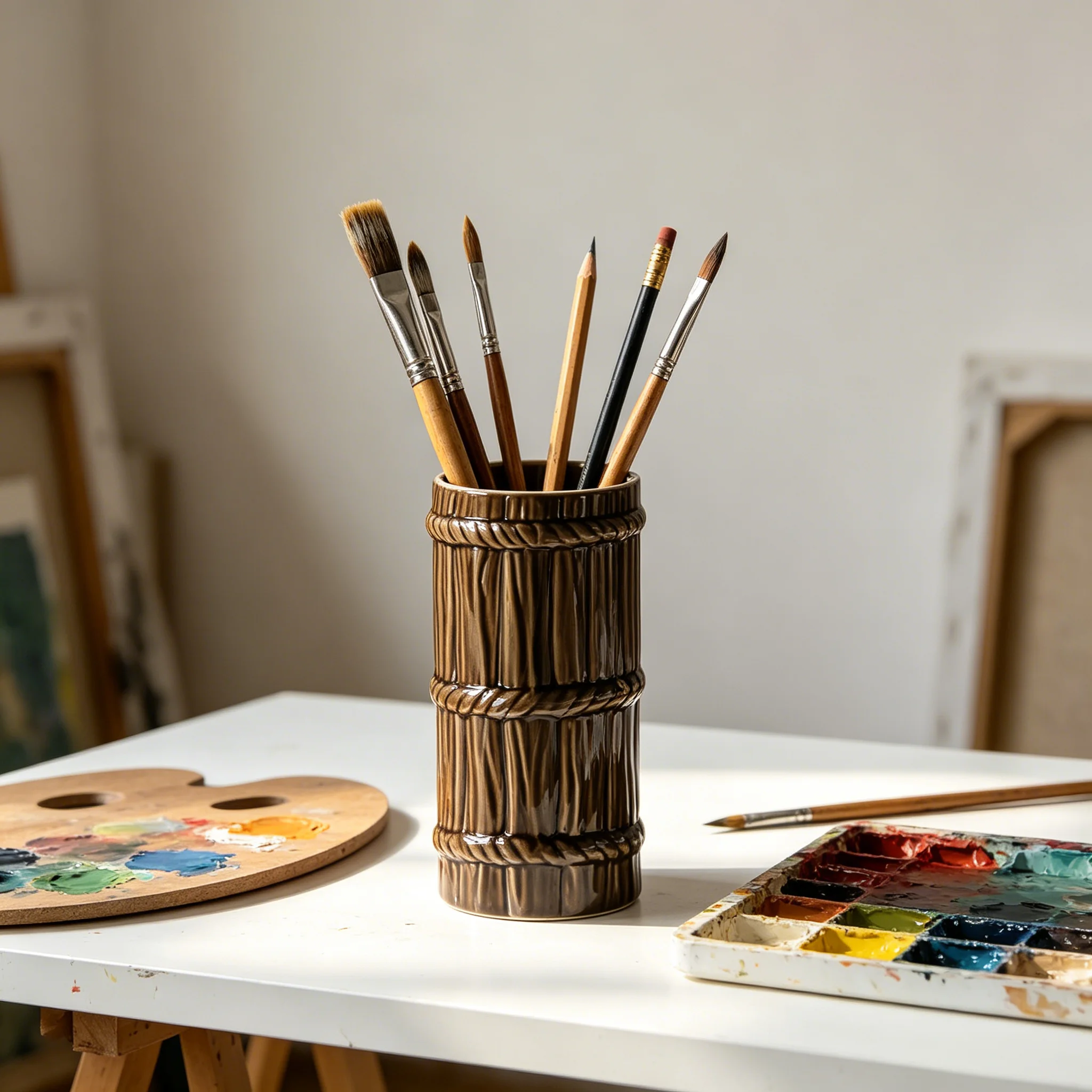 Multi-Purpose Ceramic Tiki Cup - Bamboo Pattern Cocktail Glass, Pen Holder Makeup Brush Organizer for Tiki Bar & Home Decor
