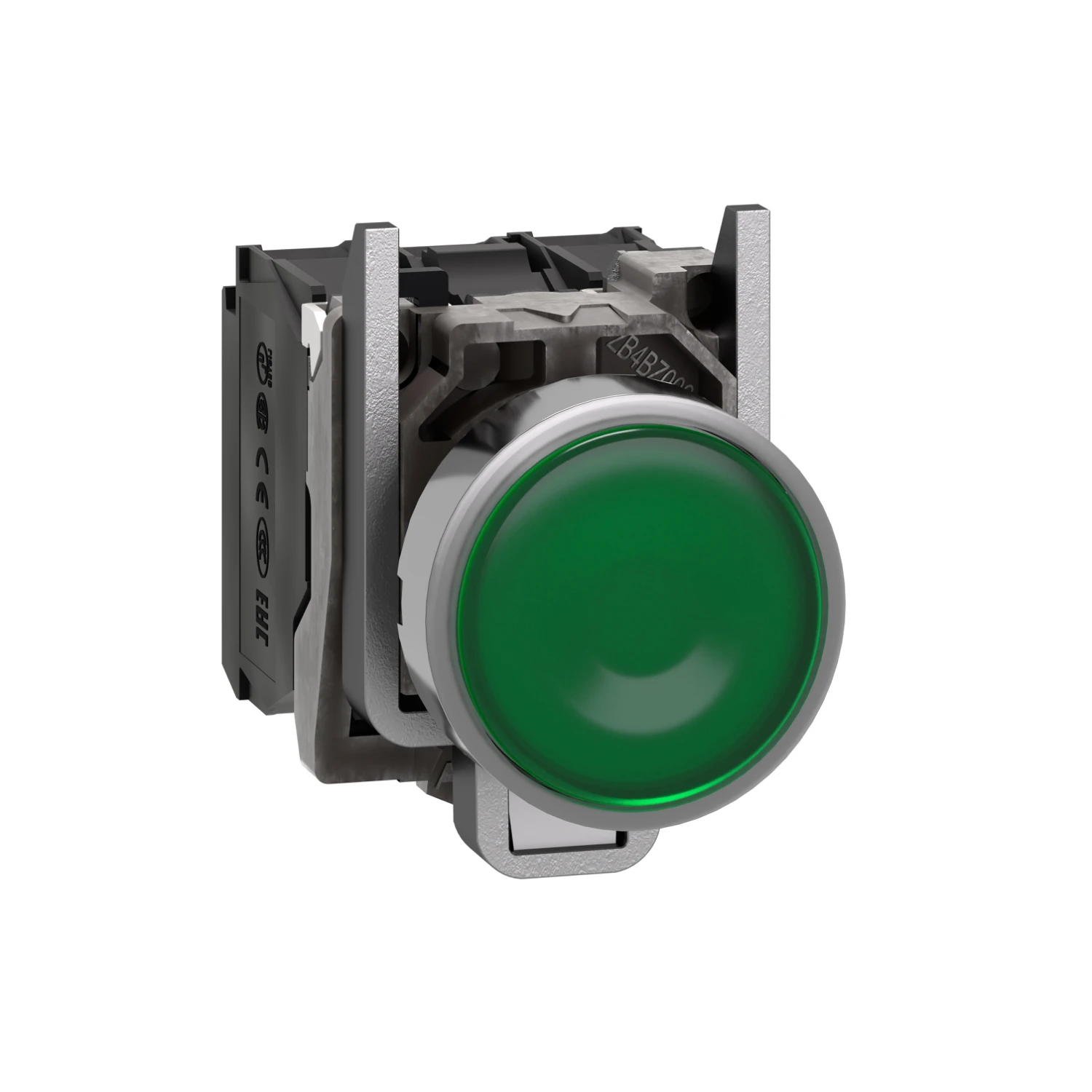 Illuminated push button, metal, flush, green, Ø22, spring return, 1 NO + 1 NC 24 V AC/DC XB4BW33B5 = ZB4BW0B15 + ZB4BW333