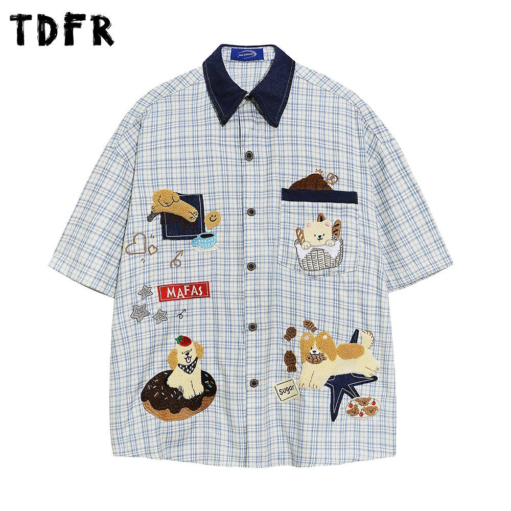 

Cartoon Embroidery Short Sleeve Plaid Shirt Mens Summer Retro Casual Spliced Lapel Loose Half-Sleeve Cotton Checked Shirts Man