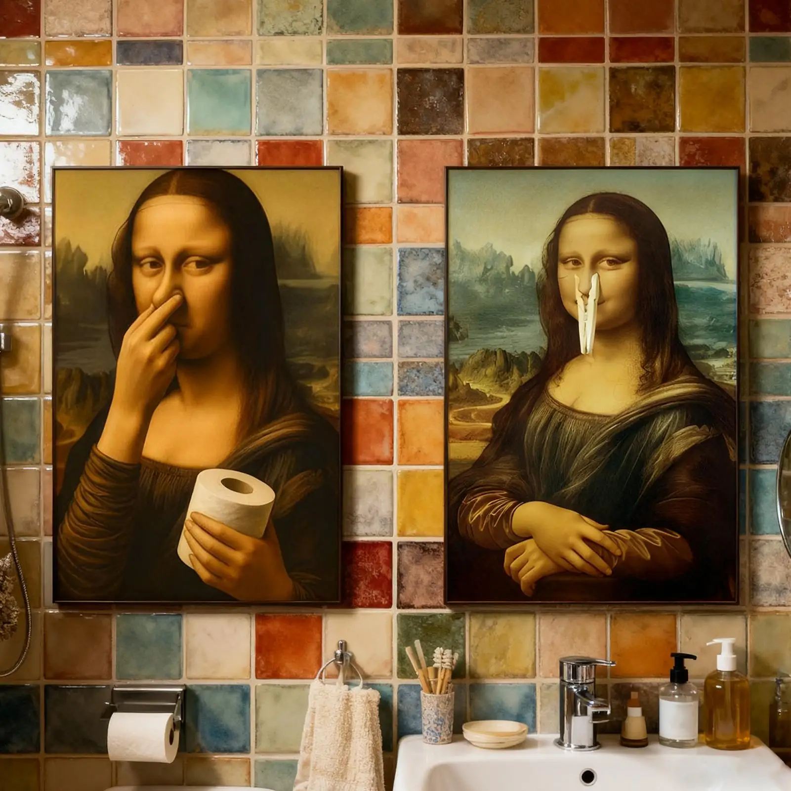 Funny Bathroom Wall Decor Humorous Pinching Nose Poster Art for Toilet Restroom Home Apartment Living Room Creative Decoration