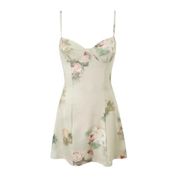 YENKYE Summer 2023 Women Vintage Floral Print Knit High Stretch Sling Mini Dress Sexy Robe
