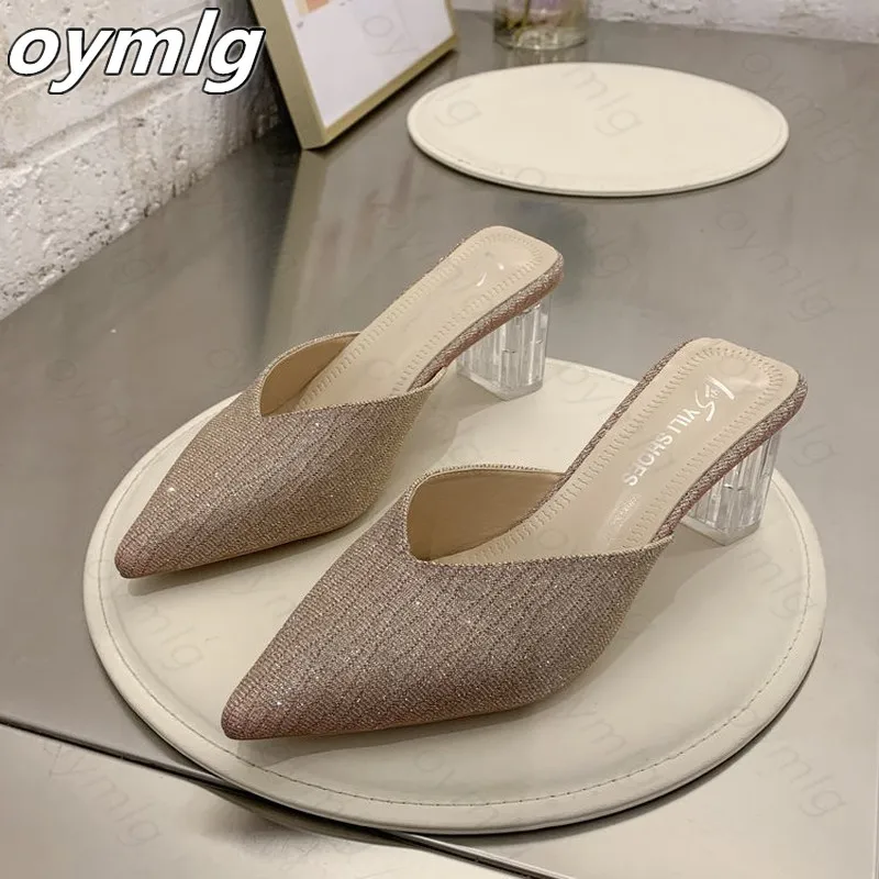 Baotou Half Drag Women's Summer Wear 2021 New Korean Thick Heel Pointed Sequin Fashion Crystal Heel Shoes