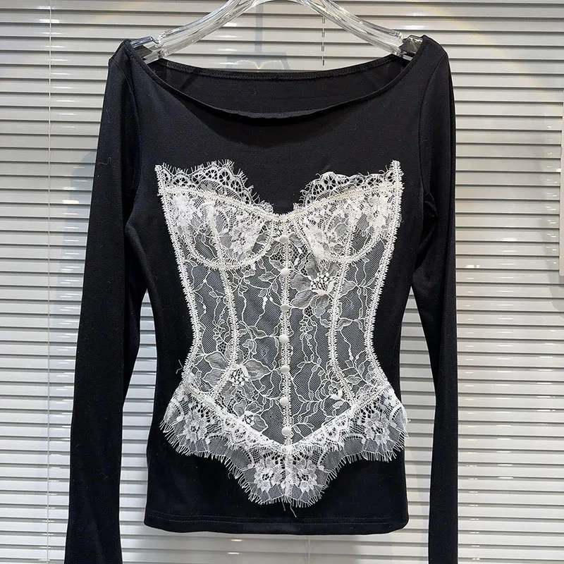 DEAT 2024 Autumn New Item Niche Lace Patchwork Design Long Sleeved T-shirt For Women Fashion Versatile O-neck Tops 11A01431